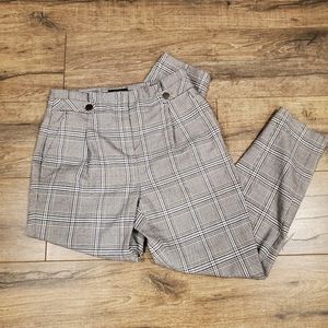 Buttoned High Waisted Blue Plaid Tapered Leg Pant